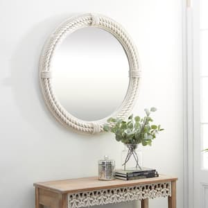 36 in. x 36 in. Coiled Rope Round Framed White Wall Mirror with Wrapped Rope Accents