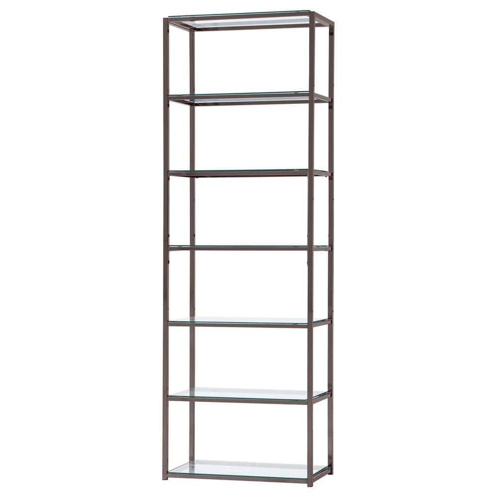 Elegant Black Nickel 6-Tier Bookcase with Tempered Glass Shelves