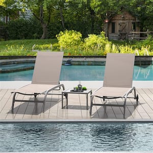 3-Pieces Aluminum Adjustable Chaise Lounge Chairs with 5-Adjustable Positions, Wheels, and Table-Khaki