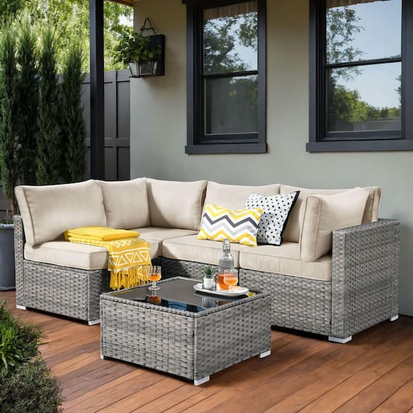 Regale 5-Piece Wicker Outdoor Sectional Set with Beige Cushions