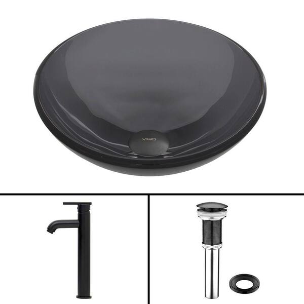 Glass Vessel Bathroom Sink in Gray Onyx and Seville Faucet Set in Matte Black Glass Vessel Bathroom Sink in Gray Onyx and Seville Faucet Set in Matte Black