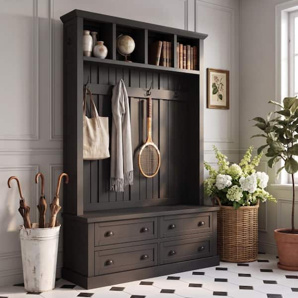 Black Wood Farmhouse Hall Tree with 4 Drawers and 6 Hooks