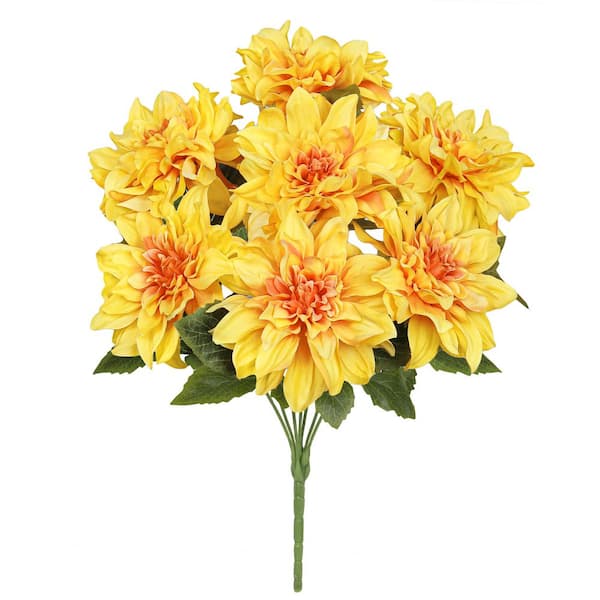 21 in. Yellow Orange Artificial Dahlia Flower Stem Bush Bouquet (Set of 2)