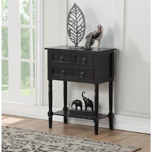 Kendra 23.75 in. Black Standard Rectangle Wood Console Table with 3 Drawers and Shelf