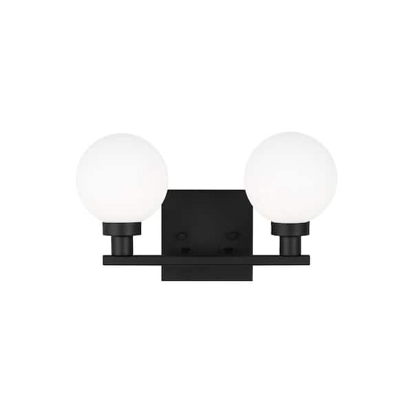 Generation Lighting Clybourn 13.25 in. 2-Light Midnight Black Vanity Light with Milk Glass Shades
