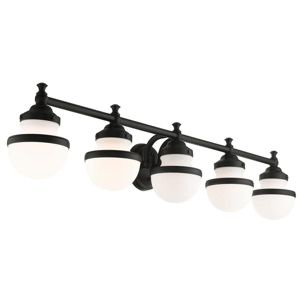 Oldwick Sleek Black 5-Light Vanity Sconce with Satin Opal White Glass