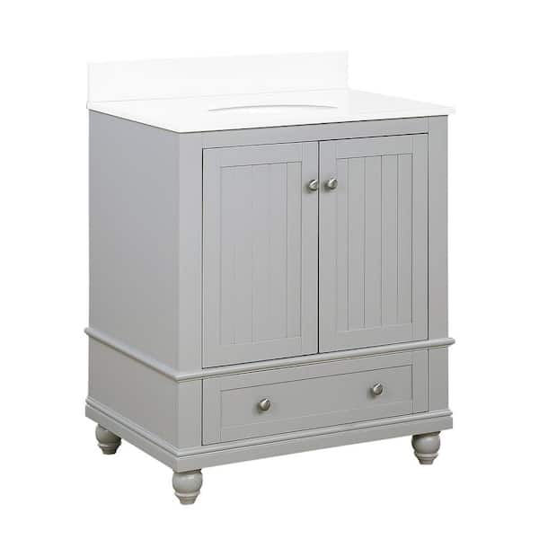 null Tehila 30 in. Gray Bathroom Vanity with White Composite Granite Vanity Top Ceramic Oval Sink and Backsplash