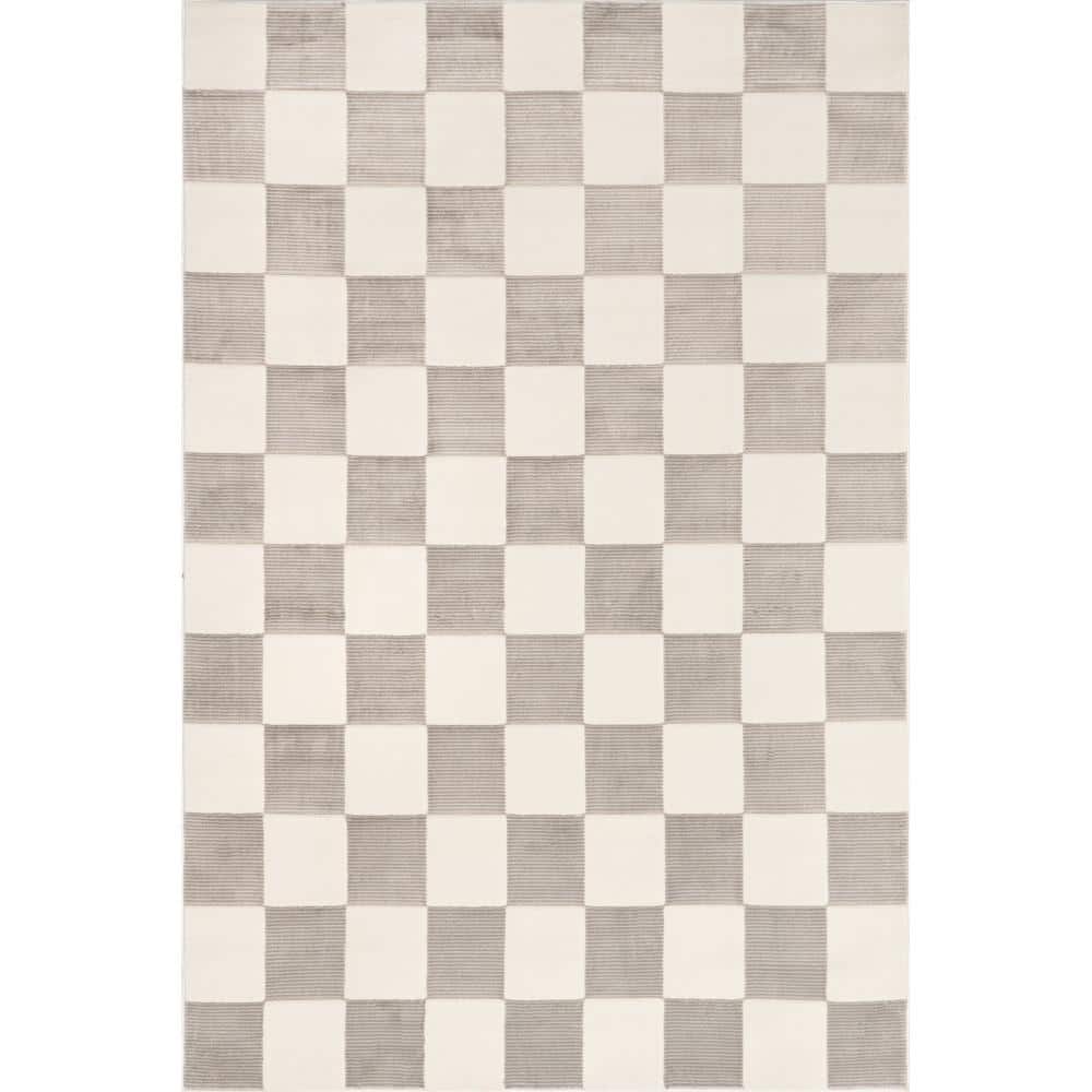 Zhuri Checkered Cream and Gray Machine Washable Area Rug 4' x 6'