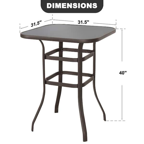 Brown with Gold Speckles Square Metal Bar Height Outdoor Dining Table with Tempered Glass Tabletop