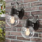 Greet 1-Light Modern Farmhouse Matte Black Outdoor Wall Lantern Sconce with Seeded Glass Shade (2-Pack)