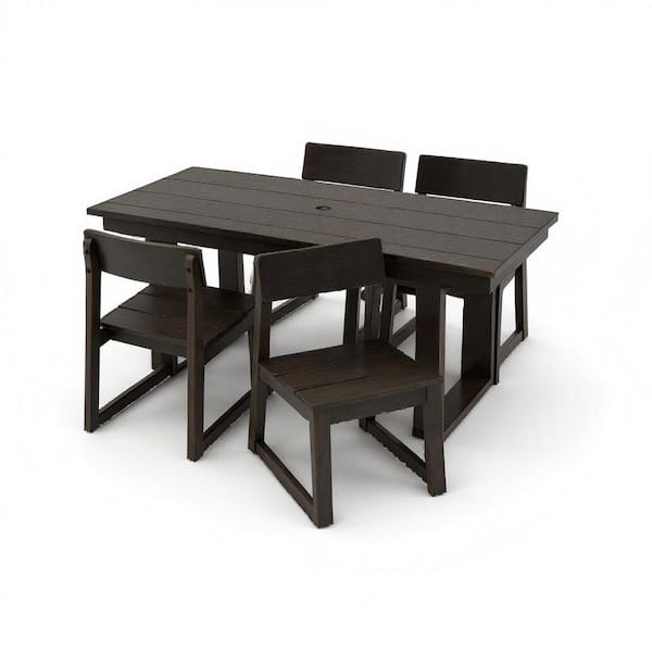 5-Piece HDPE Outdoor Dining Conversation Sectional Sofa Set, 69 in. L Rectangular Table with Umbrella Hole, Black