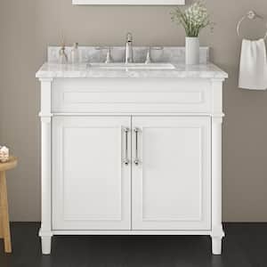 Aberdeen 36 in. Single Sink Freestanding White Bath Vanity with Carrara Marble Top (Assembled)