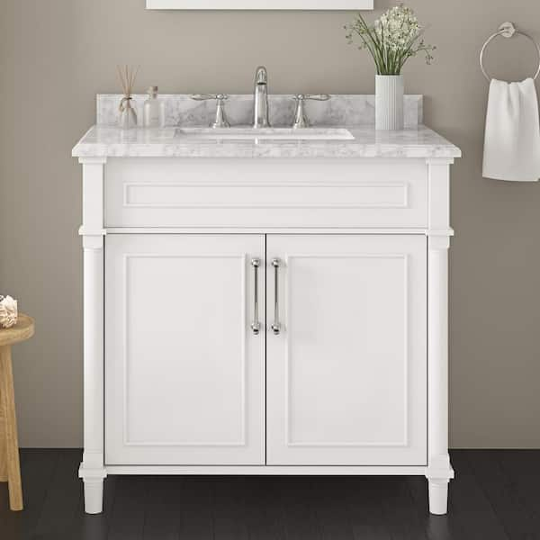 Home Decorators Collection Aberdeen 36 in. Single Sink Freestanding White Bath Vanity with Carrara Marble Top (Assembled)