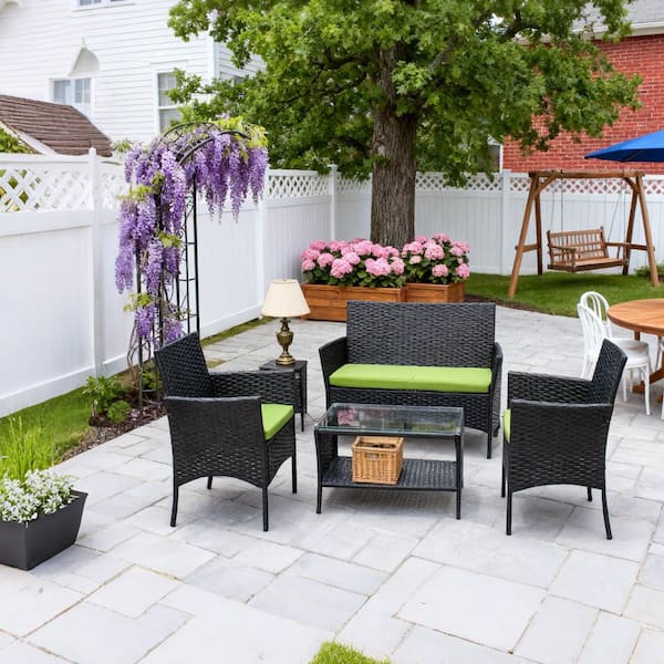 Unbranded 4-Piece Wicker Patio Conversation Set with Green Cushion and Tempered Glass Top Coffee Table