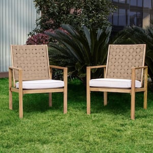 Wood Grain Metal Outdoor Dining Chair with White Cushions (2-Pack)