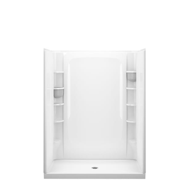 STORE+ 60 in. x 34 in. Single Threshold Center Drain Shower Base with Shower Walls and 10-Piece Accessory Kit in White