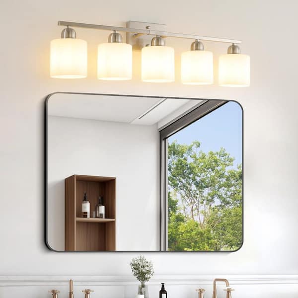 31.5 in. W 5-Light Nickel Vanity Light, Bathroom Wall Light Fixture with Frosted Glass Shades