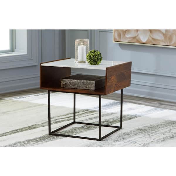 Signature Design By Ashley Rusitori 25 in. Brown/White Rectangle Marble End Table with Storage and Shelves