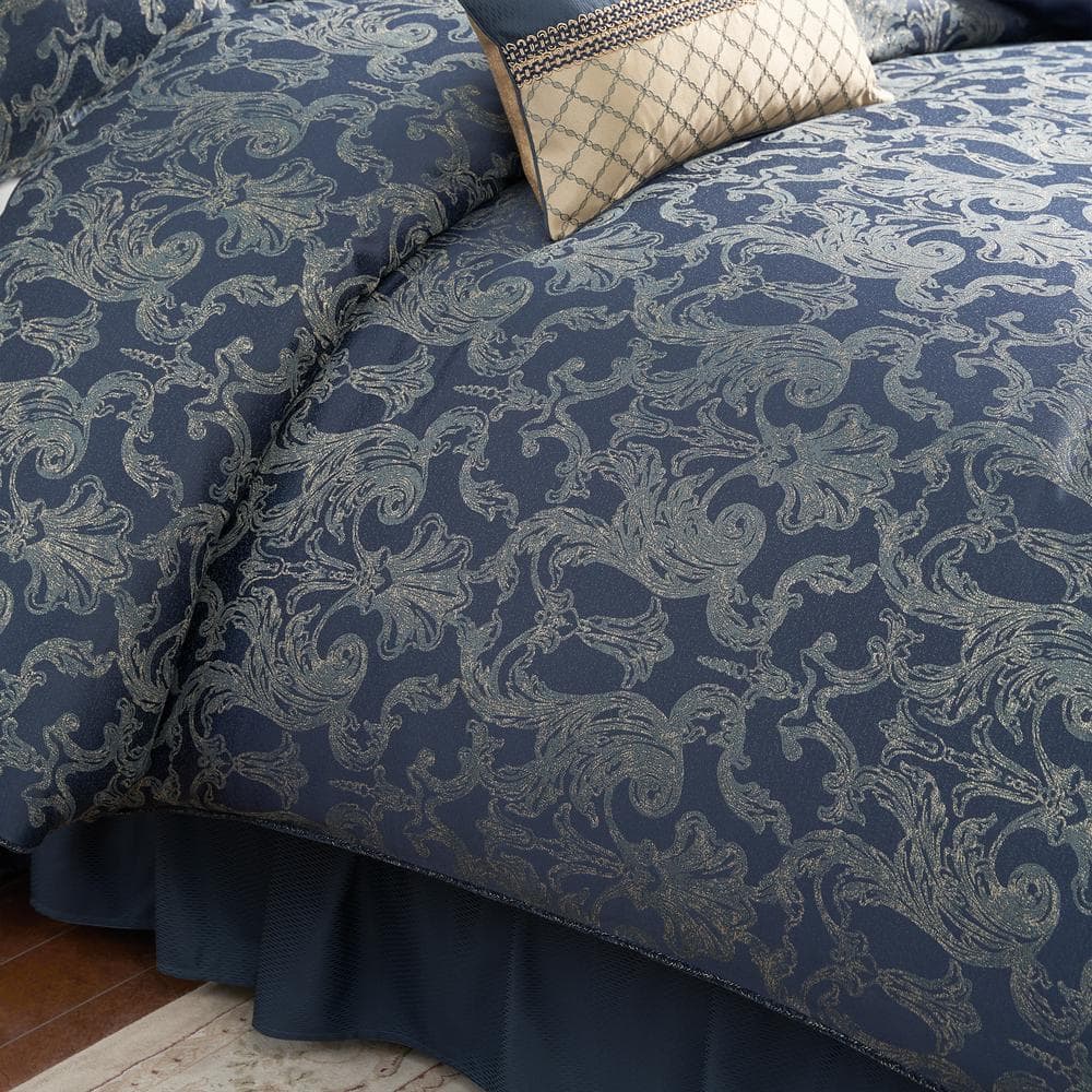 Navy and Gold Reversible Queen Bedspread Set with Tassels