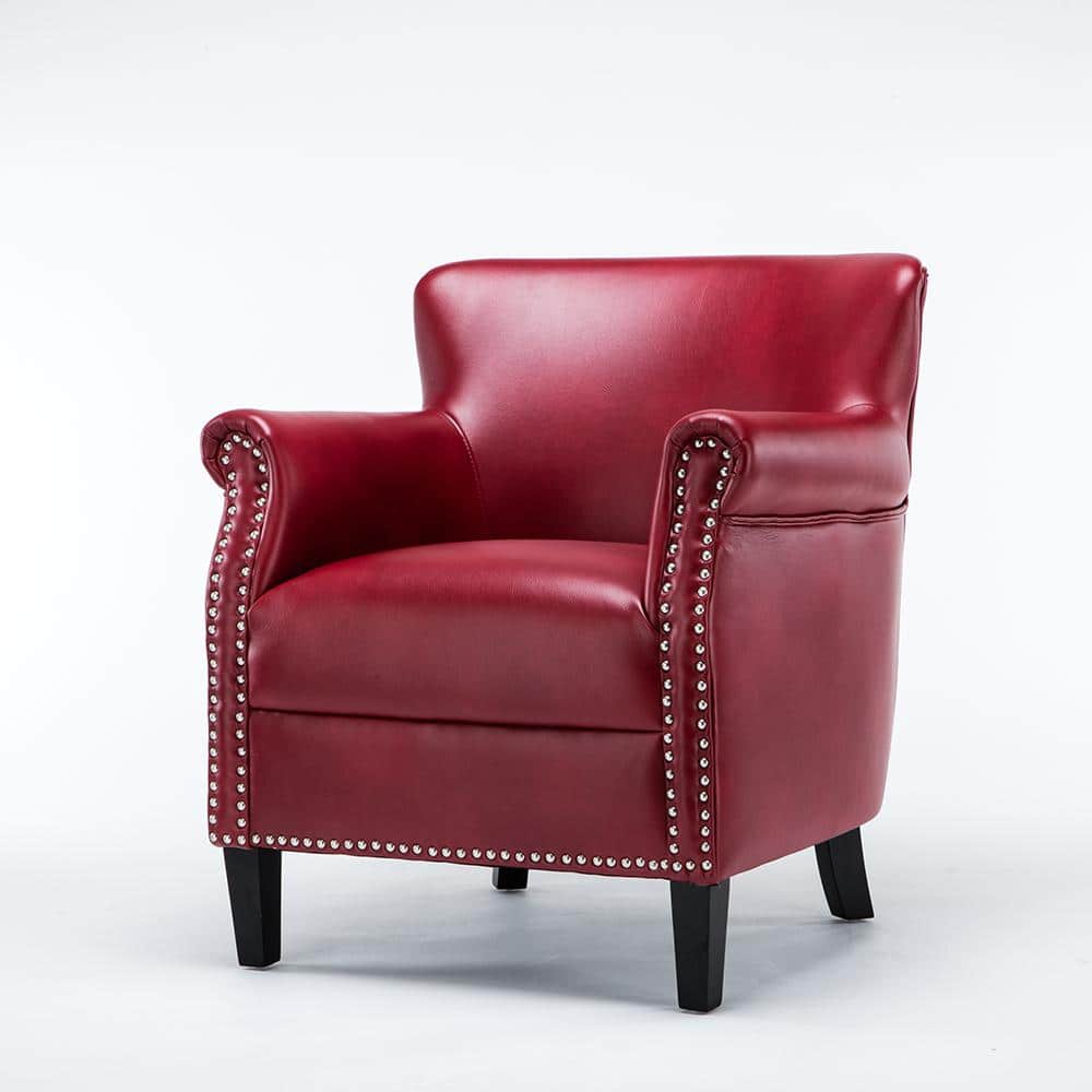 Traditional Red Leather Accent Chair with Wood Frame and Nailhead Trim