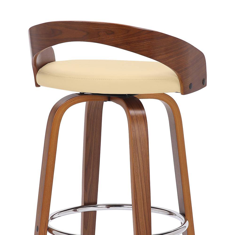 Cream Faux Leather and Walnut Wood Swivel Bar Stool, 30"