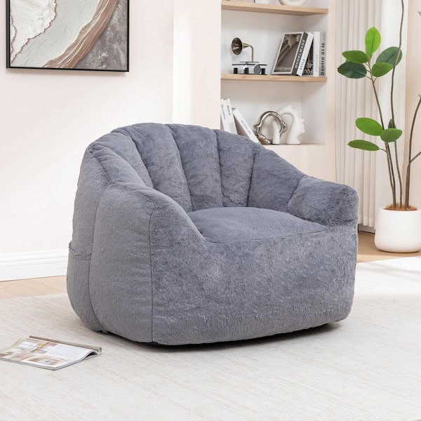 Gray Faux Fur Upholstery Bean Bag, Foam Filler Floor Sofa Chair for Bedroom or Living Room