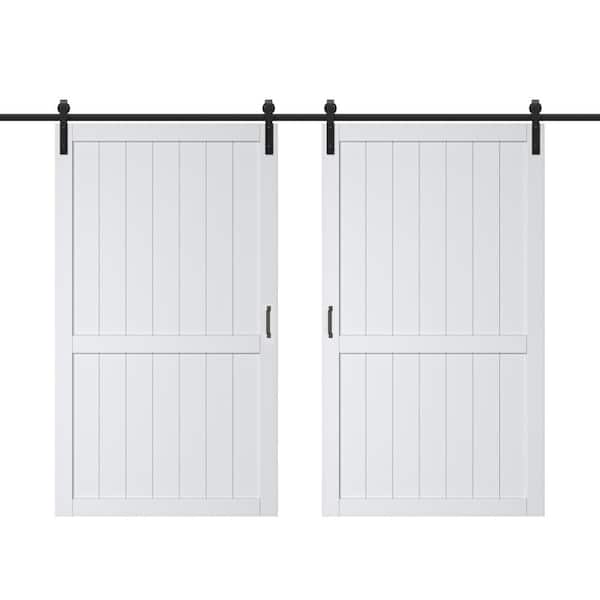 ARK DESIGN 96 in. x 84 in. White Paneled H Style White Primed MDF Sliding Barn Door with Hardware Kit and Soft Close