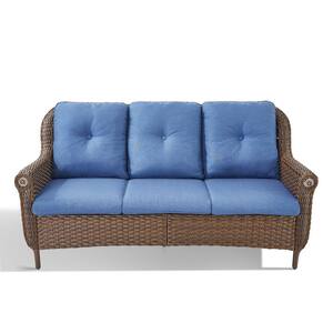 Floral Brown Wicker 3-Seat Patio Sofa Outdoor Couch with Thick CushionGuard Blue Cushions