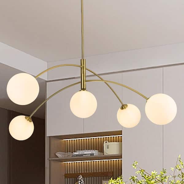 41.3 in. 5-Light Gold Sputnik Chandelier with White Globe Glass Shade for Living Room with No Bulbs Included