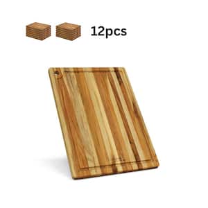 12-Piece Round Natural Brown Solid Teak Cutting Board Set with Juice Groove and Edge Grain