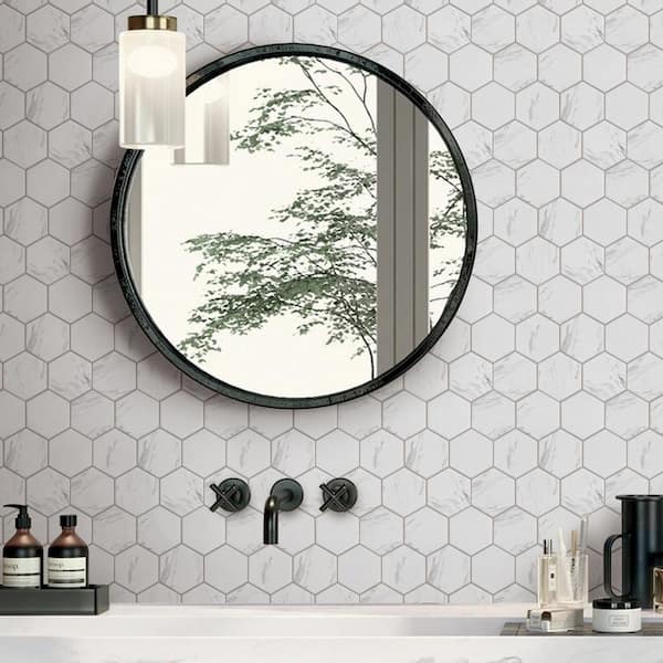 Porcetile White Cararra 10.08 in. x 11.64 in. Hexagon Matte Porcelain Mosaic Wall and Floor Tile (9.02 sq. ft./Case)