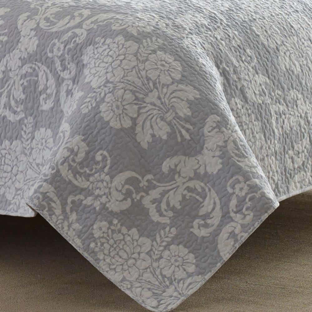 Gray Twin Cotton Reversible Quilt Set with Floral Pattern