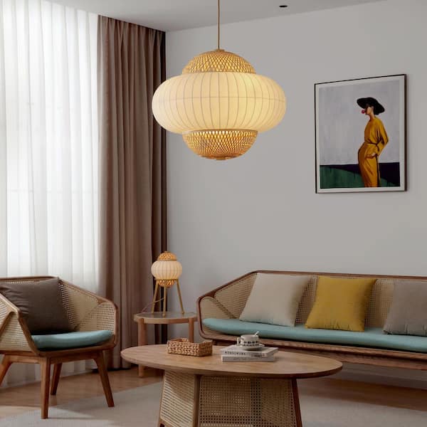 Hikari 60-Watt 4-Light Wood Grain and Natural Pendant Light with Woven Bamboo Shade and Bulb Not Included