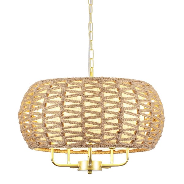 5-Light Gold Drum Chandelier with Twine Shade, Height Adjustable Chandelier for Dining Room