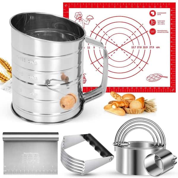9-Pack Stainless Steel Pastry Blender Set with 3-Cup Flour Sifter, Cutters and Silicone Baking Mats for Baking