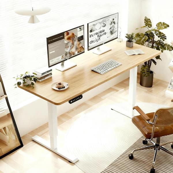 Lioba 55.1 in. Oak Electric Adjustable Height Standing Desk with Wood Tabletop, Metal Legs, Double Beam