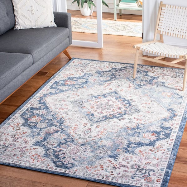 Phoenix 8 ft. x 10 ft. Ivory/Blue Distressed Medallion Floral Area Rug