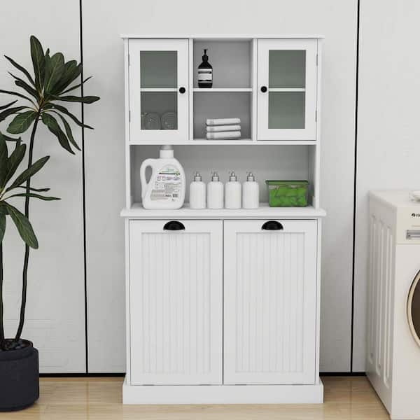 FUNKOL 60 in. H White Two-Compartment Tilt-Out Dirty Laundry Basket Bathroom Cabinet