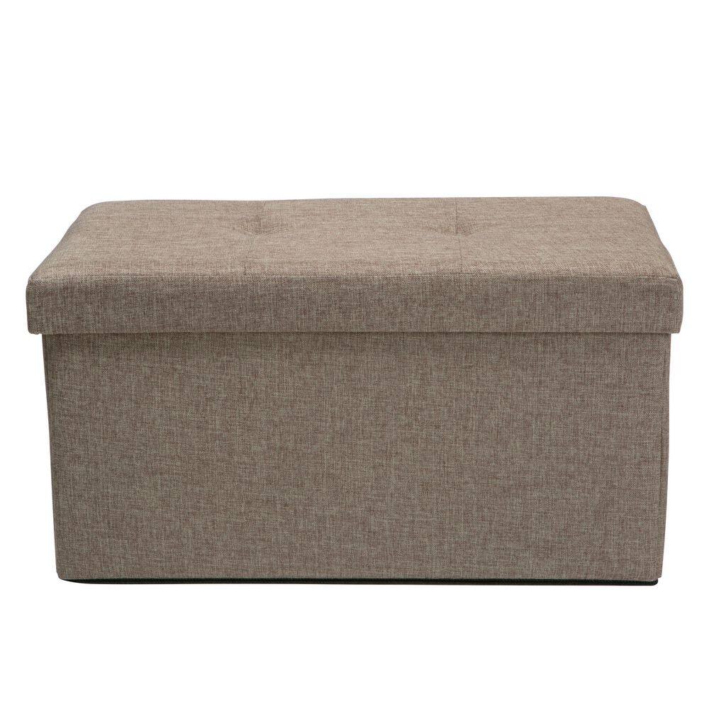 Front view of the natural linen look double folding storage ottoman.