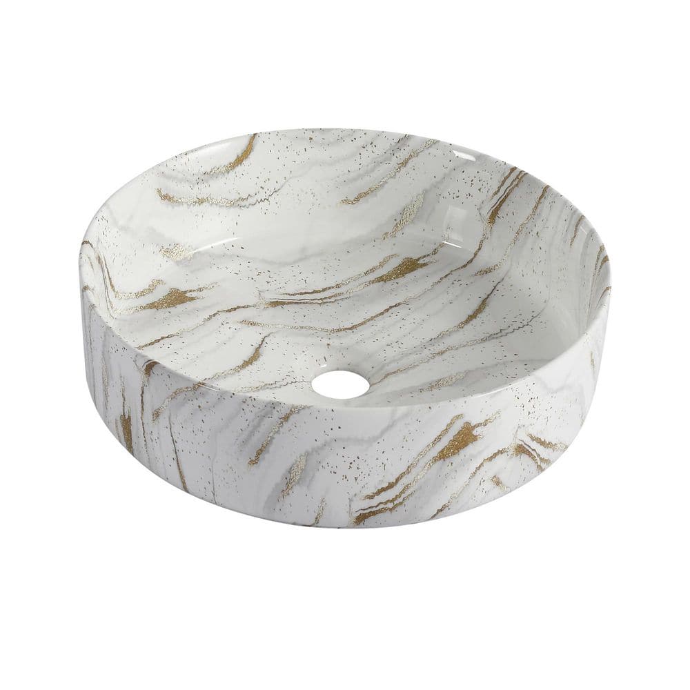 16 in Ceramic Round Vessel Bathroom Sink in White Background With Golden Lines price history on PriceWatchPro