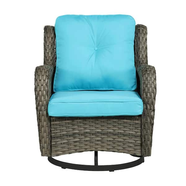 Uixe Patio Swivel Wicker Bistro Set for Patio Porch Pool Outdoor Rocking Chair with Light Blue Cushion (Set of 1)