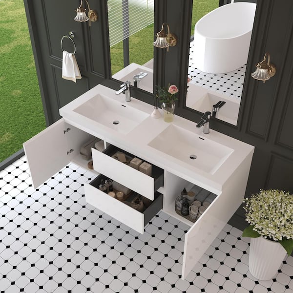 59.00 in. Double Sink Floating Glossy White Bath Vanity with White Resin Top Assembled
