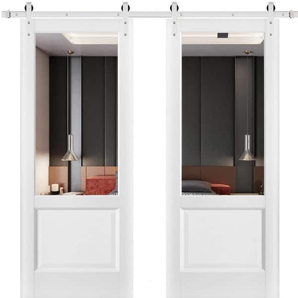 Sartodoors 18 in. x 84 in. 2 Panel Clear Glass White Solid Wood Sliding Barn Door with Hardware Kit