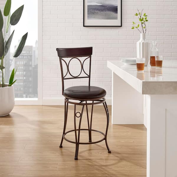 Henry Circle Back 24.25 in. Brown High Back Metal Counter Stool with Faux Leather Seat