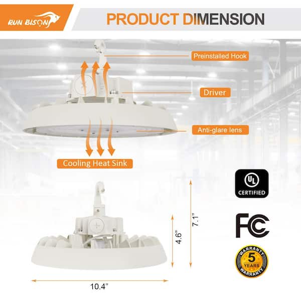 RUN BISON 10.4in. White 150W Integrated LED UFO High Bay Light Fixture, 4000K/5000K Up to 21000 Lumens, 0-10V Dimmable (4-PACK)