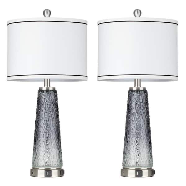 Cinkeda 26 in. Grey Glass Table Lamp Set with USB, Tpye-C Ports and Built-In Outlet