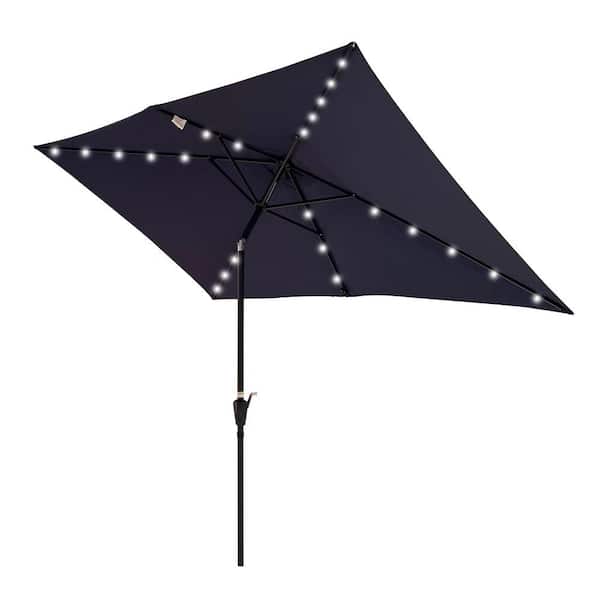 Unbranded 10 ft. x 6.5 ft. Rectangular Patio Solar LED Lighted Outdoor Umbrellas with Crank and Push Button Tilt (Navy Blue)