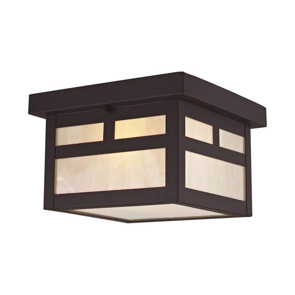 Bronze Montclair Mission 1-Light Outdoor Flush Mount with Iridescent Tiffany Glass