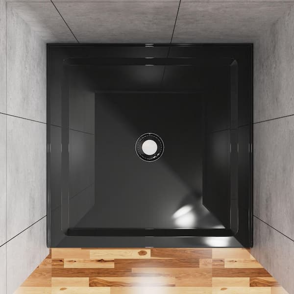 36 in. L x 36 in. W x 3.5 in. H Alcove Square Acrylic Anti-Slip Shower Pan Base with Center Drain in Black