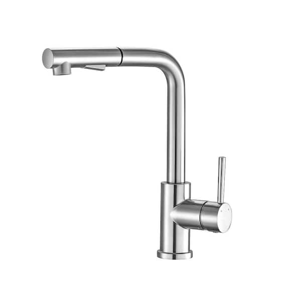 Single Handle Pull Out Sprayer Kitchen Faucet Stainless Steel 1 Hole 360° Spout Swivel Taps 12.4 in Brushed Nickel
